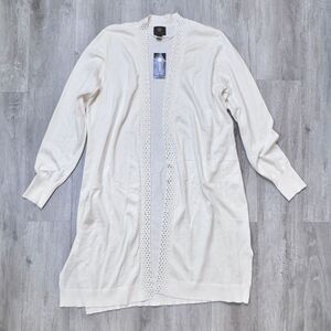 JM Collection Women's NWT White Rhinestone Studded Open Long Cardigan Sweater M